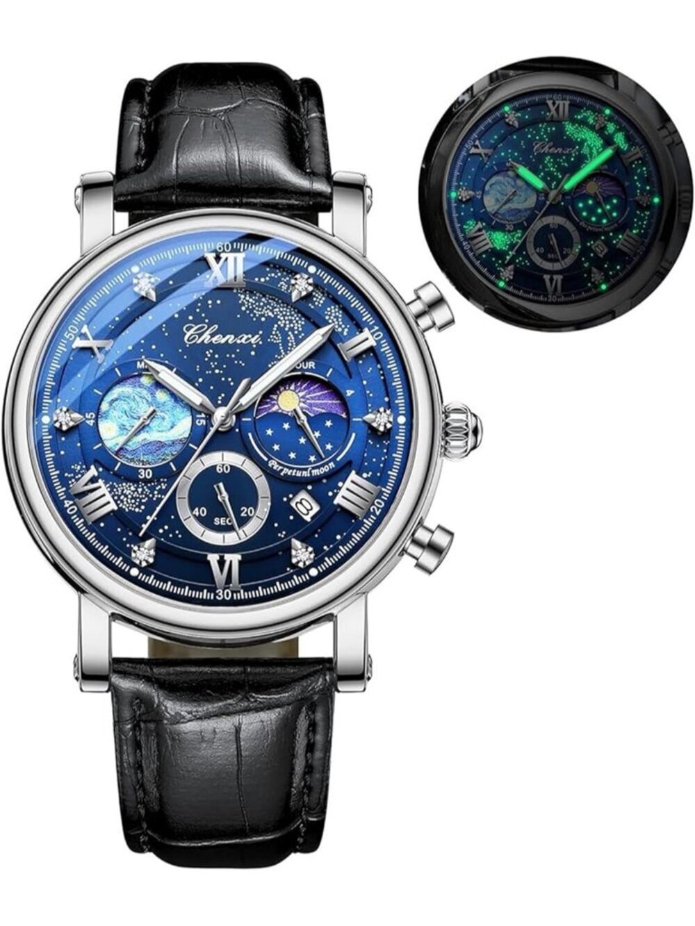 Mens Blue Black Leather Multifunctional Military Sports Analog Chronograph Watch